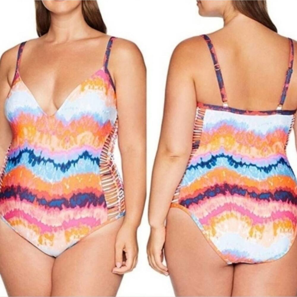 Kenneth Cole Tie Dye Chevron One Piece Swimsuit Tummy Control Macrame Side 2X
